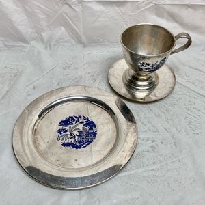 Vintage, 3pc Blue Willow Silver Plated Trio Set